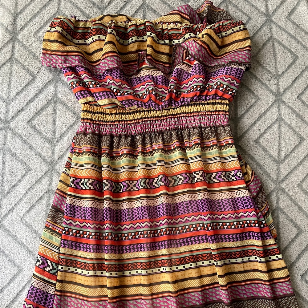 multi-colored tall strapless dress